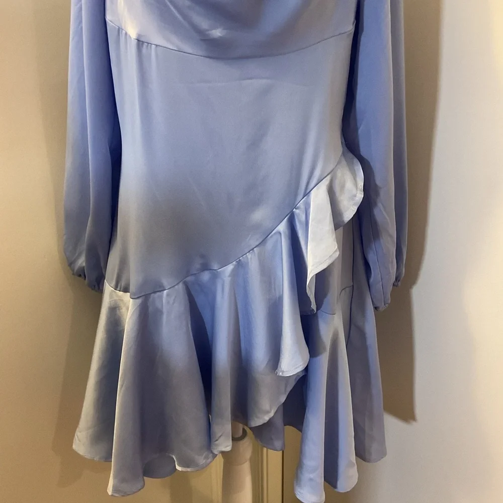 SHEIN Baby Blue Asymmetrical Balloon Sleeve Dress L Large Ruffle Square Neck - Picture 5 of 10